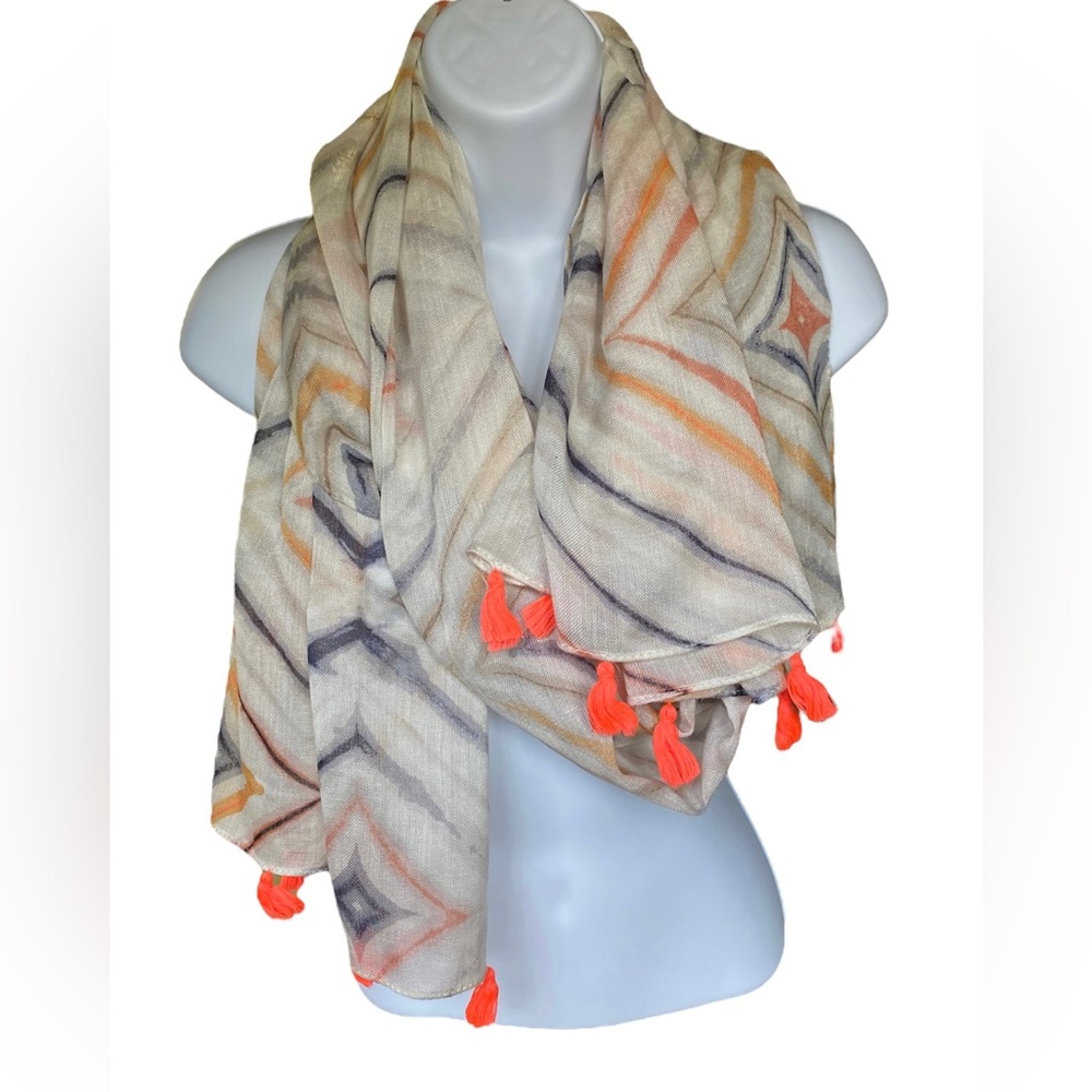 Scarf with Orange Tassels Lightweight 14x70”